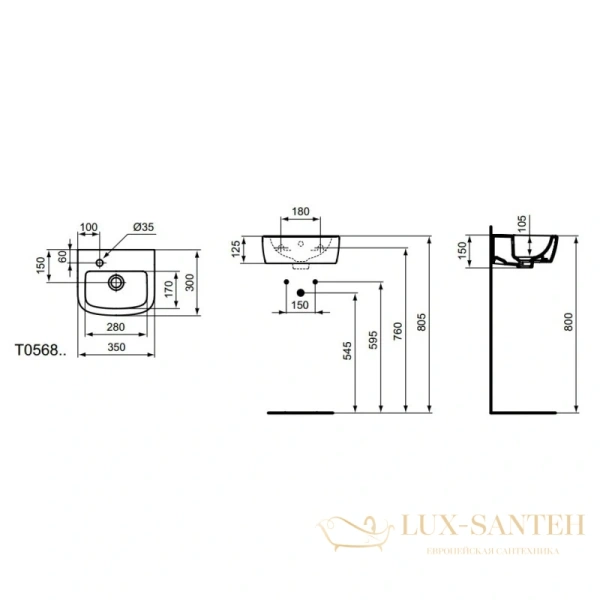 раковина ideal standard tempo t056801 35 см, белый