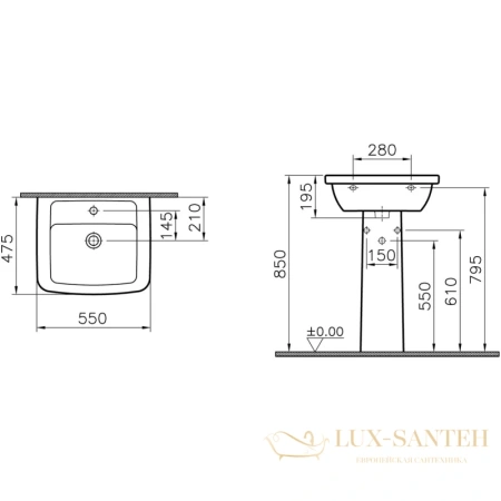 раковина vitra form 300 9602b003-7650 55 см с пьедесталом, белый