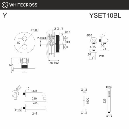 термостатическая система для ванны скрытого монтажа whitecross y yset10bl, черный мат