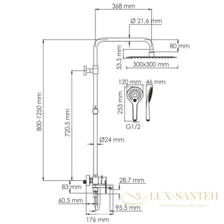 душевая система wasserkraft mindel a185.163.155.wm 300 мм, белый матовый