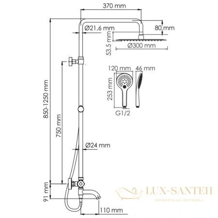 душевая система wasserkraft mindel a188.161.155.wm thermo 300 мм, белый матовый