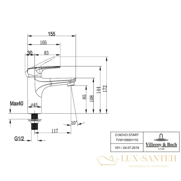 кран для холодной воды villeroy & boch o.novo start tvw10500111061, хром