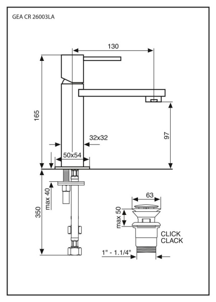 смеситель для раковины emmevi gea 26003l/a/cr с донным клапаном click-clack, хром