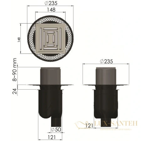 душевой трап berges platz uno 090070 148x148/50 мм, матовый хром