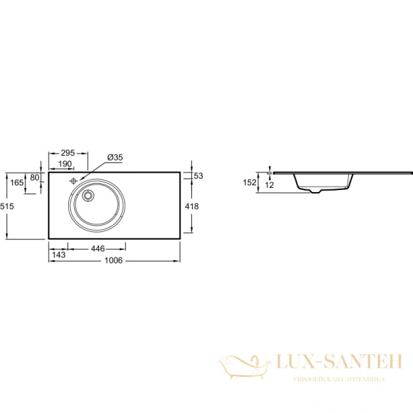 раковина jacob delafon odeon rive gauche eb2564-de1 100,6х51,5 см, белый матовый