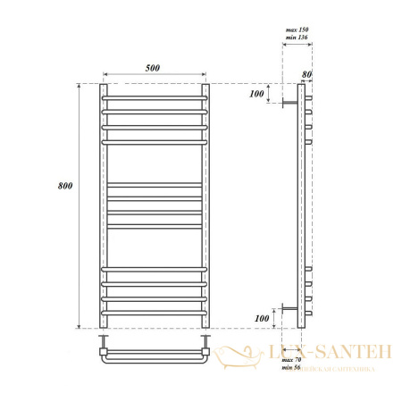 полотенцесушитель 500x800 электрический point омега pn90158se п12 левый/правый, хром