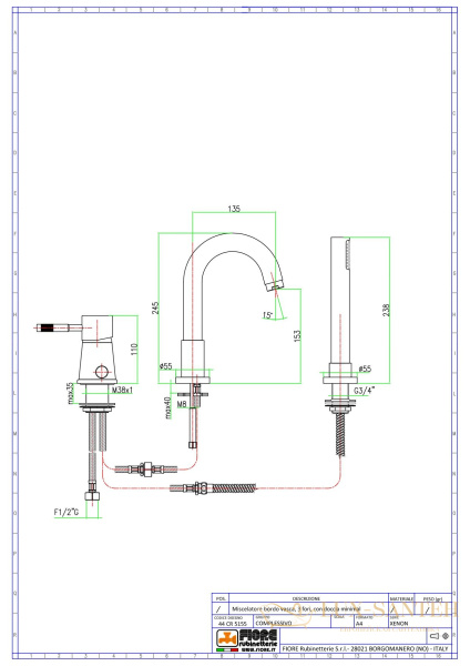 комплект смесителя fiore xenon 44cr5155 на борт ванны на 3 отверстия, хром