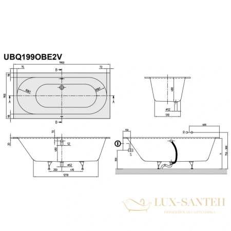 квариловая ванна villeroy & boch oberon ubq199obe2v-01 190х90 см, альпийский белый