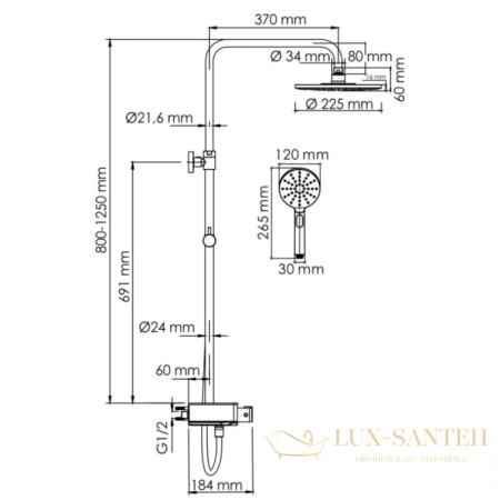 душевая система wasserkraft aller a113.067.127.ch thermo 225 мм, хром/белый