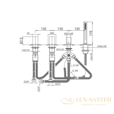 смеситель на борт ванны fantini venezia, 29 02 n467s, 2 источника, 4 отверстия, с ручным душем, без излива, хром