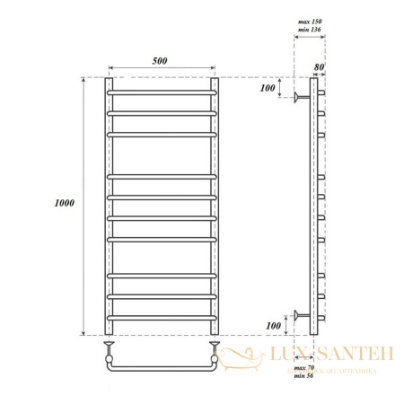 полотенцесушитель 500x1000 водяной point нептун pn09150 п10, хром