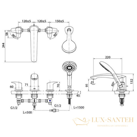 смеситель на борт ванны toto gm, tbg09202r, на 4 отверстия 475x270x226мм с ручным душем, хром