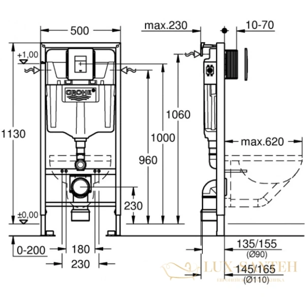 инсталляция для подвесного унитаза grohe rapid sl 38827000, 5 в 1 комплект с панелью смыва хром