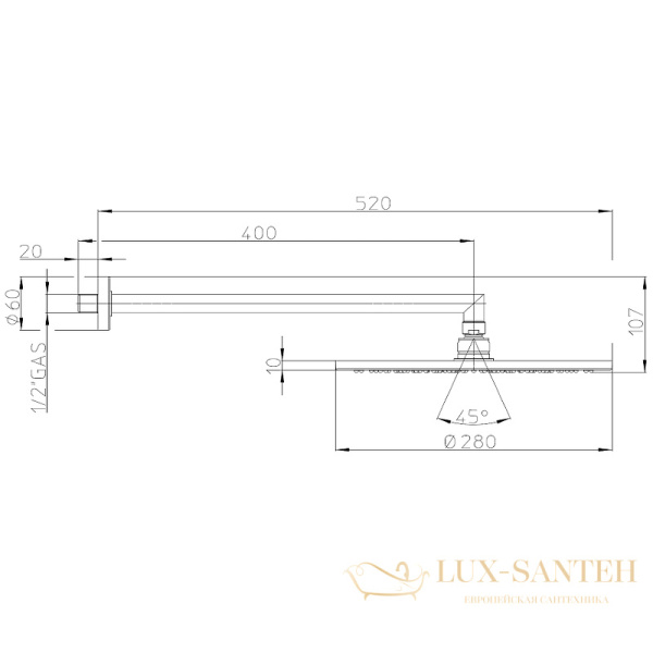 верхний душ с настенным кронштейном bossini cosmo h70596i.043, 520х280 мм, золото сатинированное