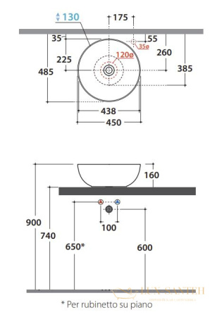 раковина накладная globo t-edge b6t45.sk, без перелива, d45xh16, smoke