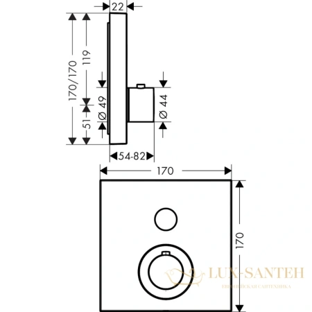 термостат встраиваемый axor showers, 36714000, select, для душа, с запорным клапаном, 1 потребитель, (внешняя часть), хром