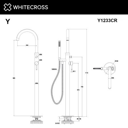 смеситель для ванны отдельностоящий whitecross y y1233cr, хром