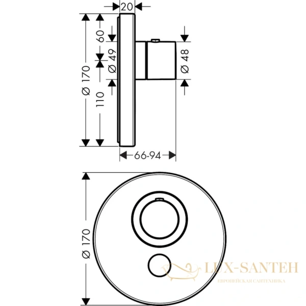 термостат встраиваемый axor showers, 36726000, select, для душа, с запорным клапаном, 1 потребитель, (внешняя часть), хром