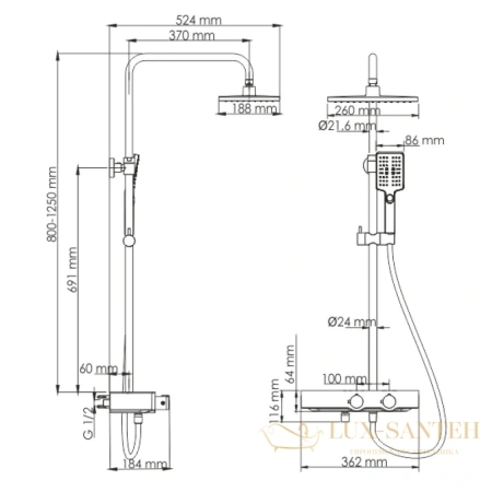 душевая система wasserkraft thermo a11401 260х188 мм, хром/черный