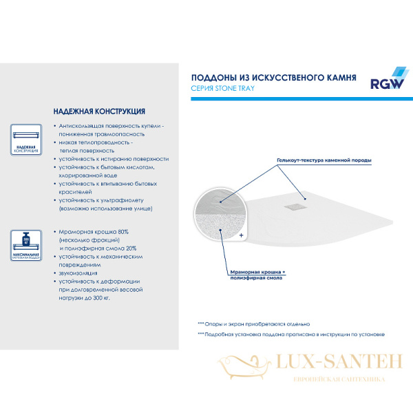 душевой поддон rgw stone tray 16153100-01 из искусственного камня st/r-0100w 100x100, белый