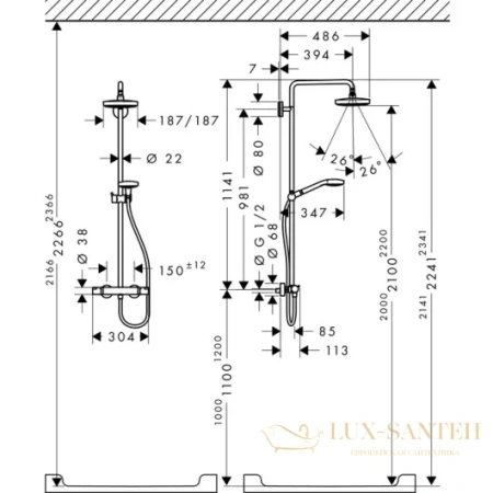 душевая система hansgrohe croma select e 180 2jet showerpipe 27256400 белый/хром