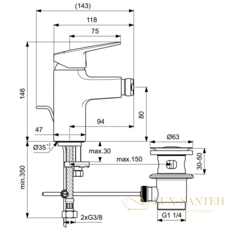 смеситель с донным клапаном ideal standard ceraplan bd248aa для биде, хром