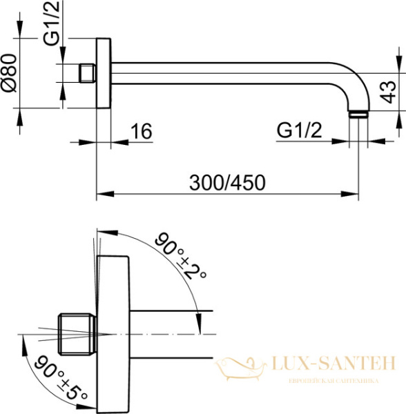 душевой кронштейн dn 15 keuco elegance, 51688030400, с круглым отражателем, 462 мм, бронза шлифованная