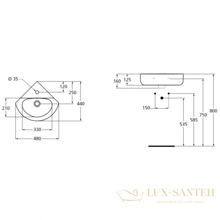 раковина угловая ideal standard connect space arc e793101 48 см, белый