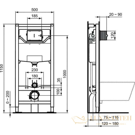 комплект  ideal standard tesi rimless tt00003/459aw, унитаз с инсталляцией, с сиденьем и клавишей смыва, белый матовый