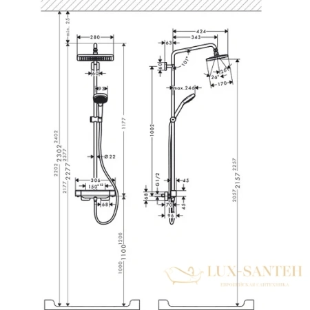 душевая система hansgrohe croma e showerpipe 280 1jet 27630000 хром