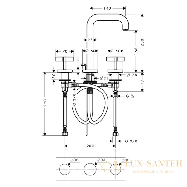 смеситель для раковины 170, axor citterio, 39133000, с донным клапаном, хром