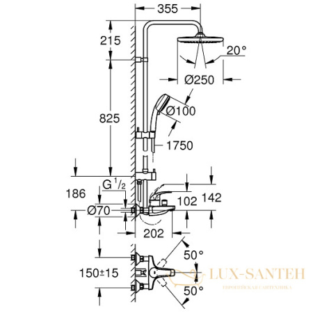 душевая система grohe tempesta cosmopolitan 250 26674000 9,5 л/мин, хром