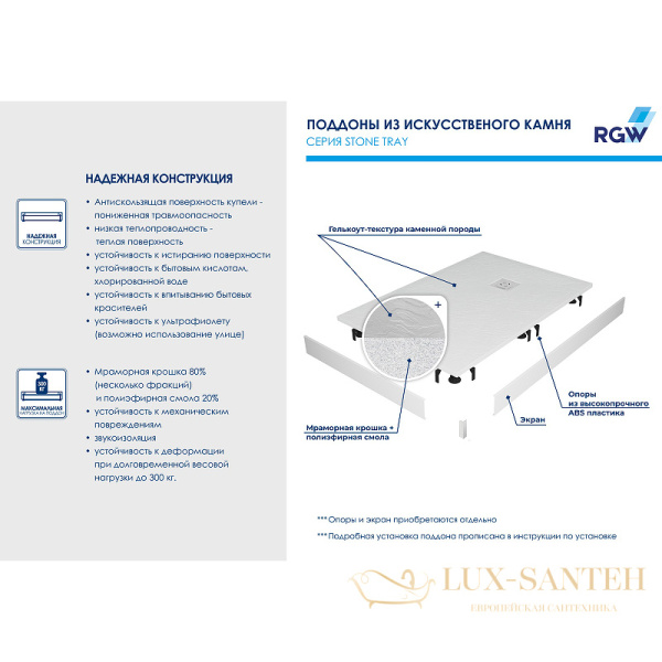 душевой поддон rgw stone tray 16154129-01l из искусственного камня st/al-w 120x90, белый