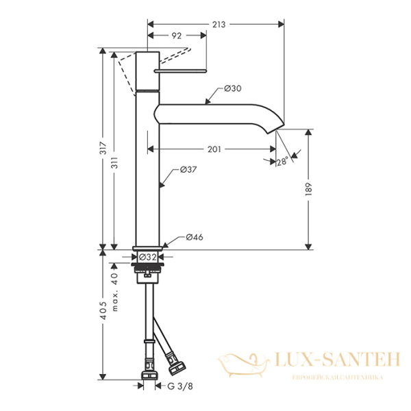 смеситель для раковины 190, axor uno, 38032000, с донным клапаном, хром