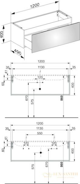 тумба под умывальник keuco plan, 32981140000, 1200х400x490 мм, к/ф: трюфель (лак матовый)/трюфель (стекло)